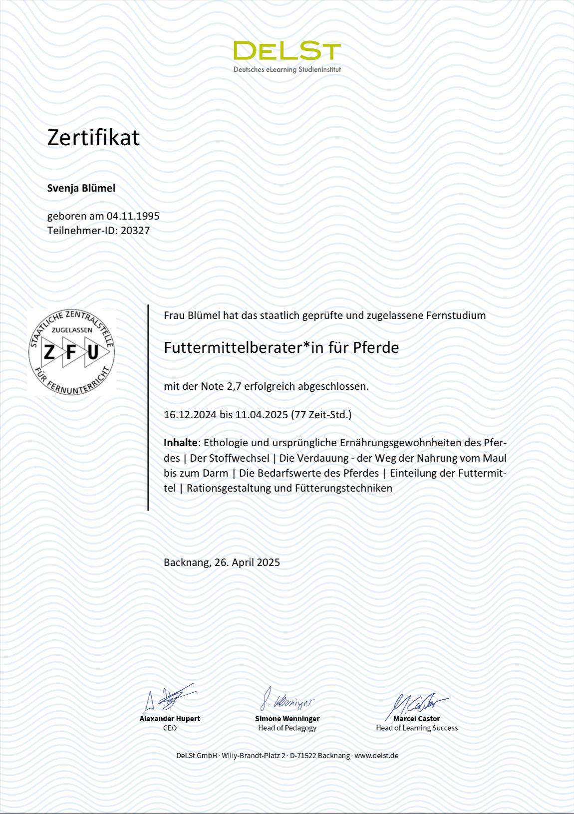 Zertifikat Futtermittelberatung